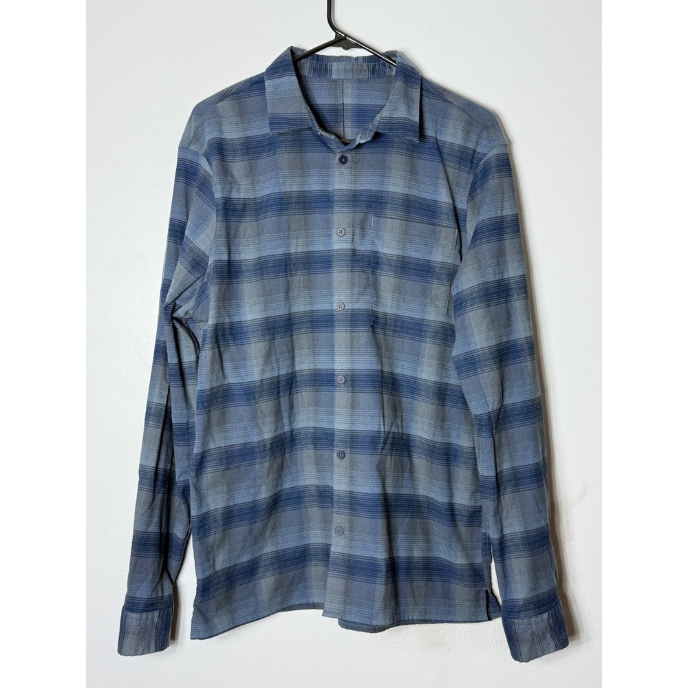 Lululemon Mens Long Sleeve Plaid Button Down Shirt Blue Grey Zipper Pocket Med